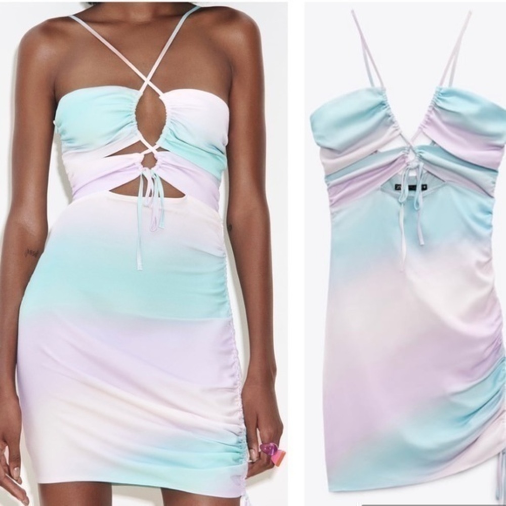 Zara Tie Dye Satin Cut Out Ruched Sleeveless Mini Dress